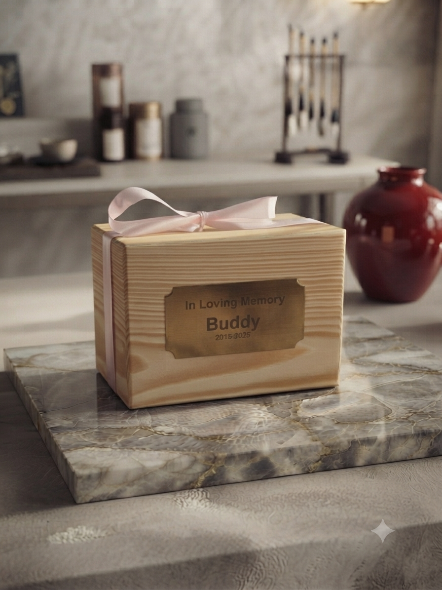Eco Urn — handcrafted natural pine wooden urn with a gold engraved memorial plaque and pink ribbon